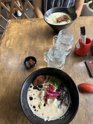 Lemon ramen (top) and shiro tonkatsu ramen (bottom)   at Vegan Ramen Mei - Roma in Mexico City