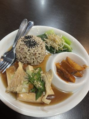 Tofu with veggies and brown rice  at Vege Garden in Kota Kinabalu