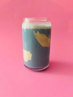 Earth day smoothie. Blue spirulina, pineapple, banana, seamoss, organic matcha coconut whip, almond butter at plant.ed café in Orangeville