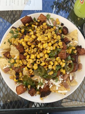 Nachos elote with Al pastor tofu  at J and R Tacos in Merced