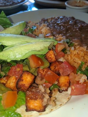 Vefi taco plate with tofu pastor and nopales added. at J and R Tacos in Merced
