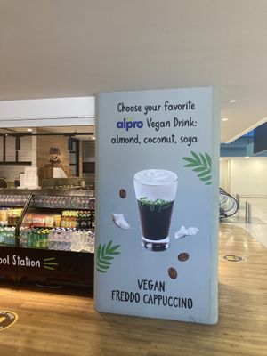 Sign for vegan coffeee at RHO - Gregory's in Rhodes