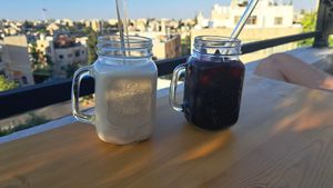 Banana/tahini smoothie and hibiscus juice at Battuta Rooftop in Amman