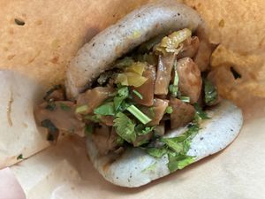 Three cup mushroom guabao with whole wheat sesame bun  at Wen Lao Mu Vegetarian Food - Kaohsiung - 溫老木蔬食-高雄店 in Kaohsiung