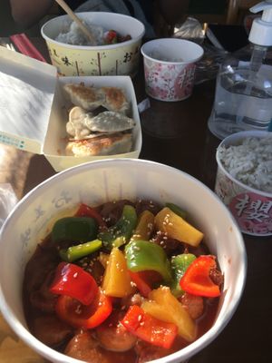 sweet and sour pineapple vegan soy ribs with rice  at Naturalis Te in Santiago De Los Caballeros