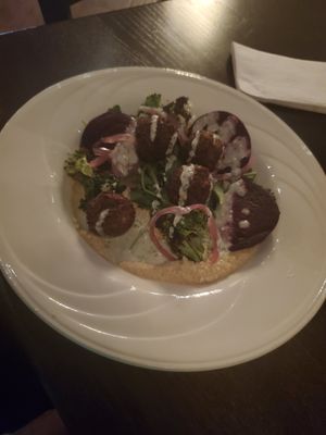 Falafel Bowl: Hummus, beets, broccoli, kale, pickled red onion, chimichurri, dill yogurt sauce #Veganuary at Gatsby's Pub in Pottstown