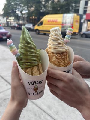 vegan matcha & tayaki with brown sugar syrup and rainbow mochi 🌈 ((non-vegan boyfriend is on the right))  at Taiyaki in Chicago