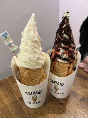 Vanilla vegan taiyaki. Rainbow mochi and coconut flake topping on the left, strawberry and Oreo topping on the right   at Taiyaki in Chicago