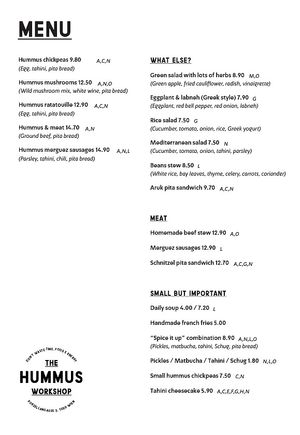 Menu at The Hummus Workshop in Vienna