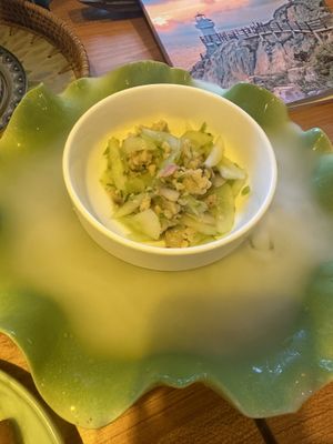 Tofu and cucumbers with elaborate dry ice presentationn at Loujiashan Museum in Shanghai