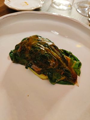 Pea tofu with white kimchi, chard and pepper sauce at Con Creta in Pove Del Grappa
