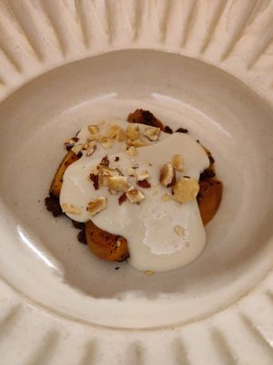 Roasted apricot with crumble, orange cream and nuts at Con Creta in Pove Del Grappa