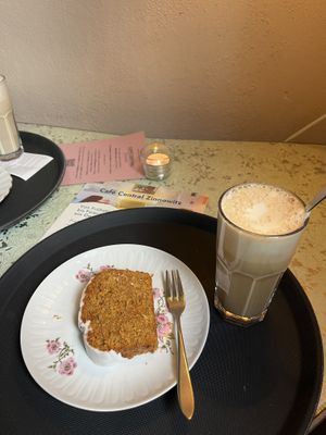 Vegan carrot cake and chai latte   at Café Central in Zinnowitz