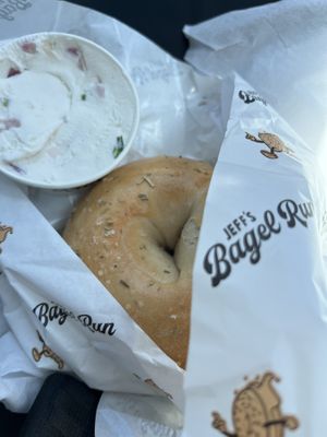Rosemary Salt Bagel and Chive Onion Vegan Cream Cheese  at Jeff's Bagel Run in Kissimmee