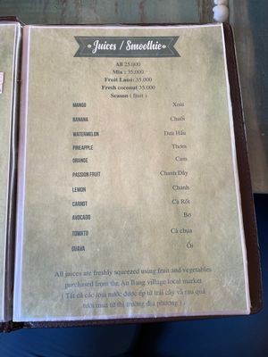 Smoothie menu  at Mom's Restaurant in Hoi An