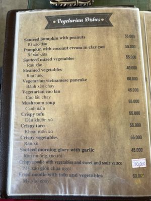 Vegetarian menu with accidentally vegan options  at Mom's Restaurant in Hoi An