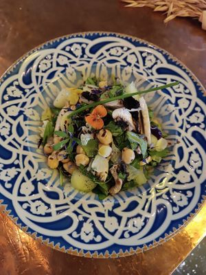 🥗 Chickpea, melon, mushroom, mint, super food seeds and lemon-olive oil dressing "ladolemono" at Ma Poulette Liya in Rhodes