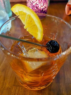 Michter's bourbon Old Fashioned with neat square ice cube at Wish Tree in North Adams