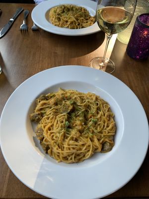 Homemade spaghetti pasta, sungold tomato sauce, roasted eggplant, & fennel   at Wish Tree in North Adams