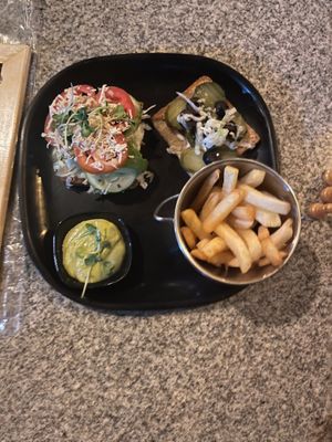 Sandwich plate with fries at AVAM in Auroville