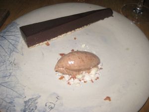 Salted chocolate tart with peanut butter sorbet (vegan) at Oak in Bath