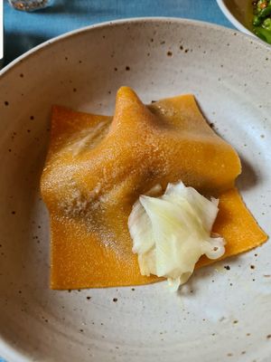 Roast tomato fazoletti with balsamic aubergine at Oak in Bath