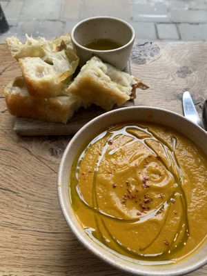 Carrot soup and yummy bread  at Oak in Bath