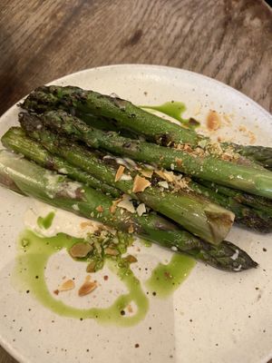 Charred asparagus with ajoblanco  at Oak in Bath
