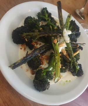 Purple sprouting, ajo blanco, fried almonds at Oak in Bath