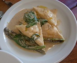 Smoked potato and pine nut ravioli with asparagus and wild garlic at Oak in Bath