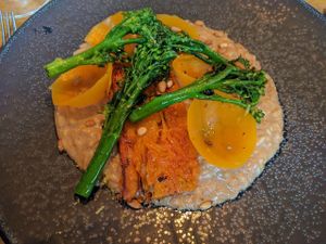 Delicious squash (and pickled squash) with pine nut risotto and broccoli at Oak in Bath