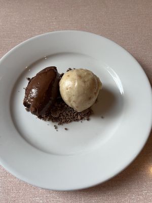 Dark chocolate ganache, sourdough ice cream  at Oak in Bath