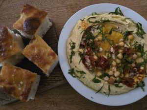 Hummus, Harissa and Chickpeas and homemade bread at Oak in Bath
