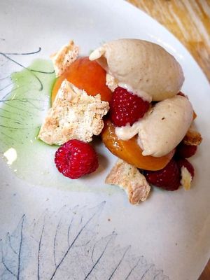 ROAST PEACHES
with an almond sorbet, raspberries, tarragon syrup and almond biscotti
 at Oak in Bath