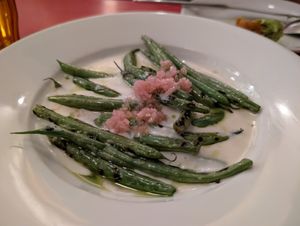 Smokey green beans in white sauce at Oak in Bath