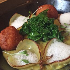 Garlic Dhal With Onions & Fried Rice Fritters with lime gel & a lime
foam (GF/N) at Oak in Bath