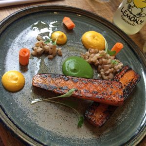 Some Old Donkey Carrots cooked slowly & then fire charred with pickled
carrot, parsley puree, carrot & cashew puree & seeded spelt grain (N)
 at Oak in Bath