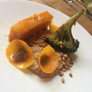 Butternut Squash Terrine with pine nut risotto, charred broccoli & pickled
squash (GF) at Oak in Bath