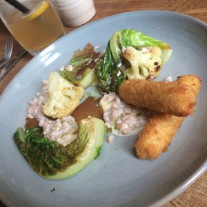 One Whole Cauliflower broken down & cooked in various ways: roasted
florets, truffled puree, molasses pickled core & sautéed leaf, all served with
almond milk croquetta infused with fenugreek & onion, spelt grain in a smoked
almond emulsion & a tarragon oil (N) at Oak in Bath