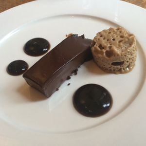 Chocolate & Coffee light espresso parfait with a bar of chocolate ganache,
cold brew & rapadura gel & a pink peppercorn crumb (GF/N)

(Friend had already tucked into some of the parfait before I remembered to take a photo?) at Oak in Bath