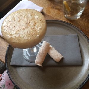 Strawberries and Cream freshly juiced strawberry jelly with a strawberry
duxelle, fennel bulb cream and a thyme and anise meringue (GF)

(Daughter had already eaten some of the meringue before I managed to get a snap!) at Oak in Bath
