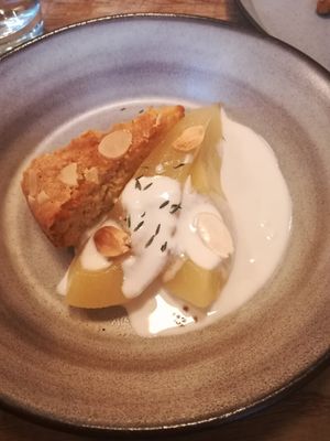 Poached pear almond meal pudding at Oak in Bath