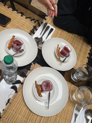 Beetroot amuse Bouche. A cold pressed beetroot soup with other ingredients, really delicious  at Riad Al Bahi in Rabat