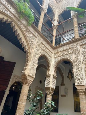 Boutique hotel rooms upstairs at Riad Al Bahi in Rabat