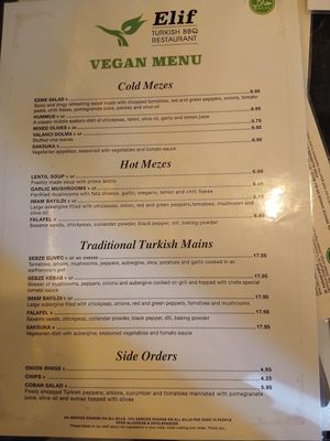 Vegan menu at Elif in Liverpool
