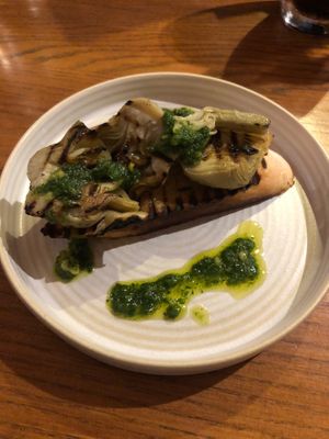 grilled sourdough with marinated artichokes and herb oil at Alverne in Penzance