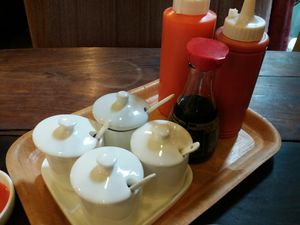 Big condiment selection brought to the table at Vitking House II in Phnom Penh
