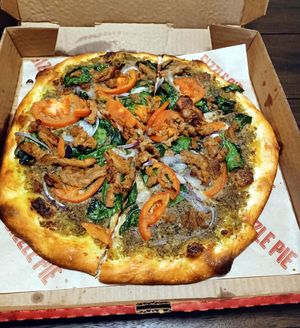 New Maps Out of Hell with spinach, tomatoes, red onions!  Super Yummy! at Sizzle Pie in Eugene