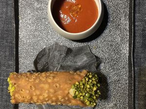 Chickpea cannolo with aubergine cream, potato sauce and olive caviar  at Soul Kitchen - Creatività Vegetale in Turin