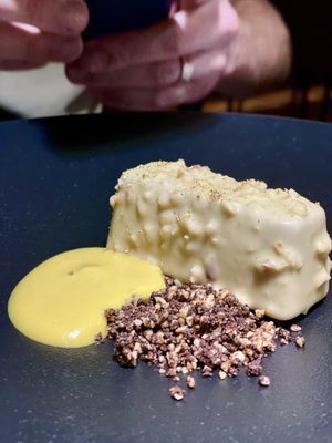 Gran Torino with white chocolate, hazelnuts, cacao, saffron and vermouth   at Soul Kitchen - Creatività Vegetale in Turin